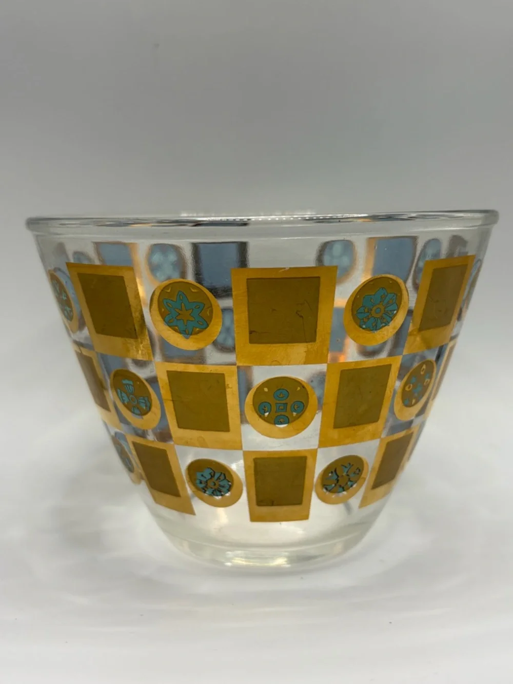 Vintage Mid Century Modern Gold Teal Checkered Glass Ice Bucket Serving Bowl